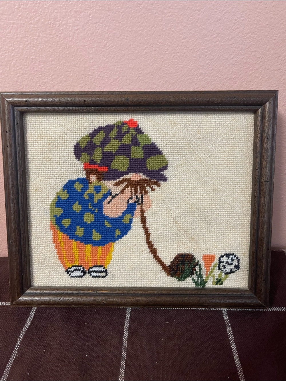 Needlepoint Framed Folk Art Colorful Whimsy Golfer 70s Figure Vintage